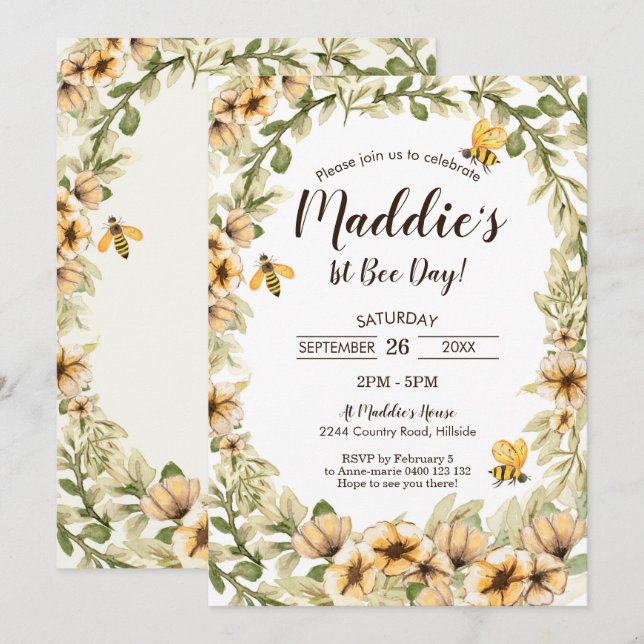 Bee 1st Birthday Invitation 1st Bee Day Honey Bee (Front/Back)