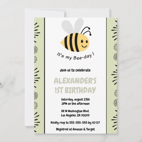 Bee 1st birthday invitations Cute Modern 