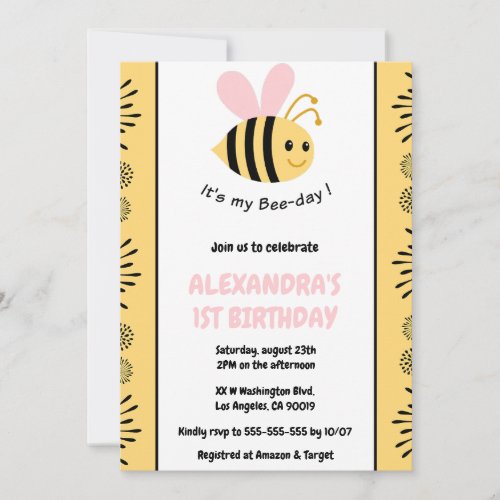 Bee 1st birthday invitations Cute Modern 