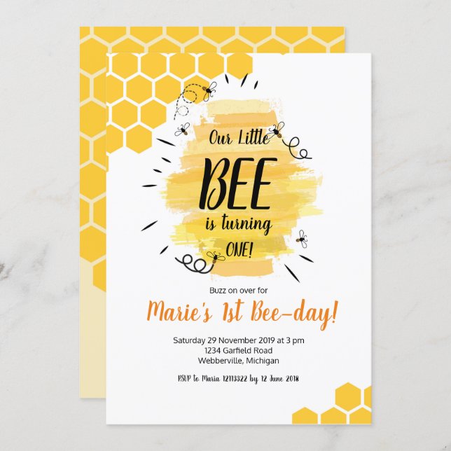 Bee 1st Birthday Party Invitation (Front/Back)