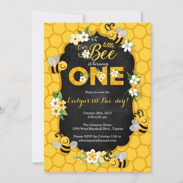 Bee 1st Birthday Party Invitation - Bee Birthday (Front)