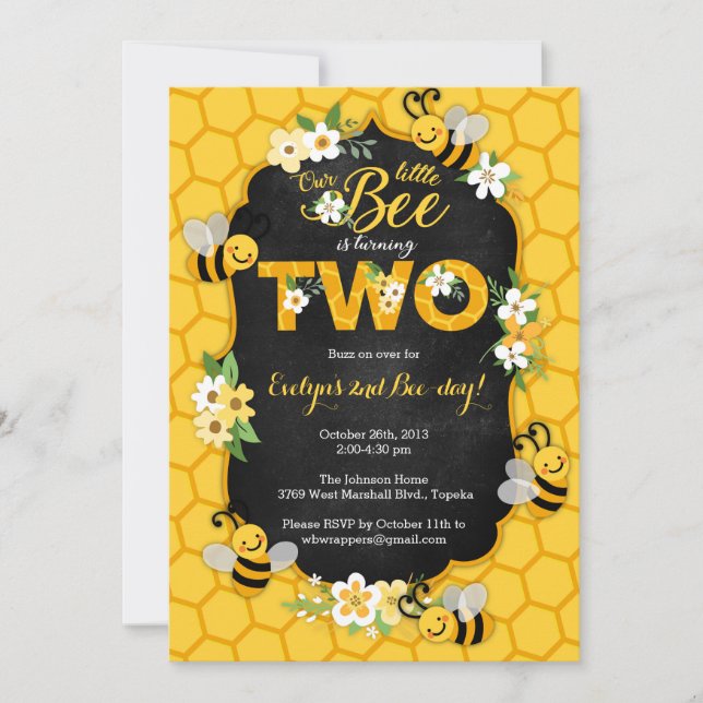 Bee 2nd Birthday Party Invitation - Bee Birthday (Front)