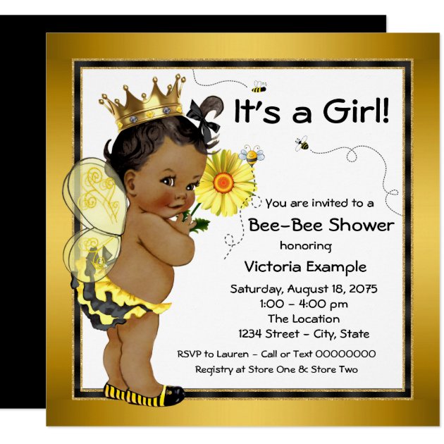Bee African American Girl Baby Shower Invitation