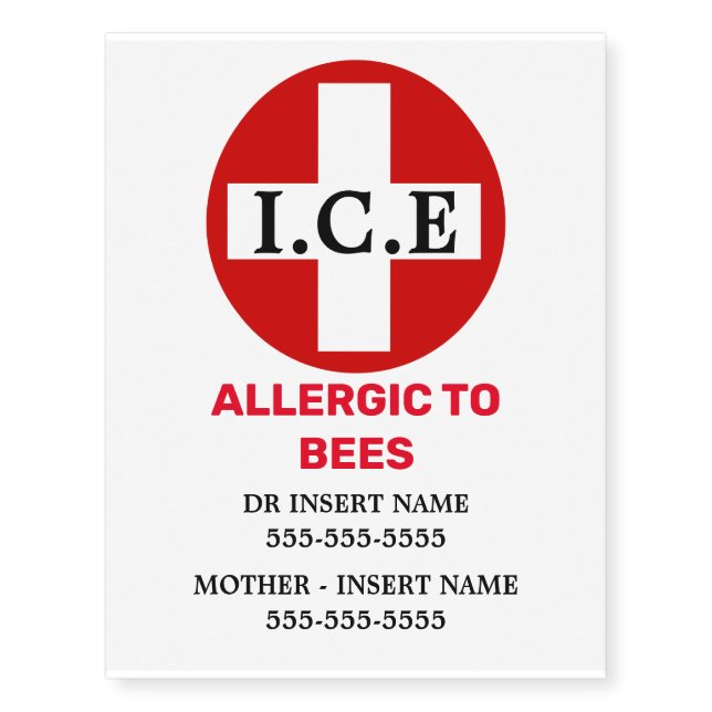 Bee allergy DIY kids medical condition Temporary Tattoos (Front)