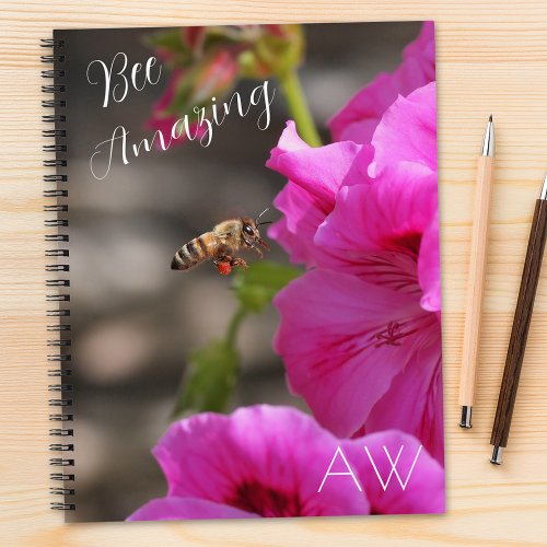 Bee Amazing Bee Pollen Pink Flower Monogram Notebook