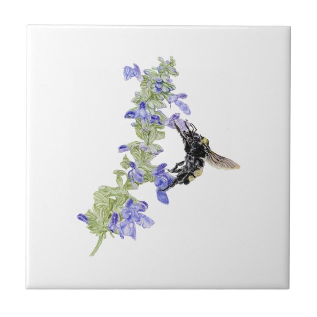 Bee and Blue Sage Ceramic Tile (Front)