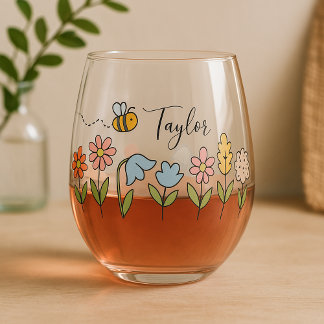 Bee and Colorful Flowers Personalized Gift Stemless Wine Glass