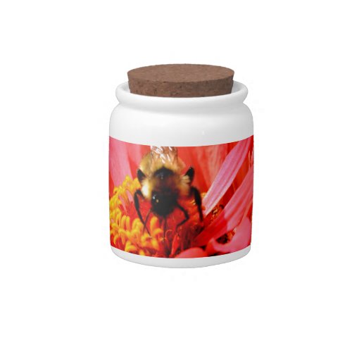 Bee and coral zinnia candy jar