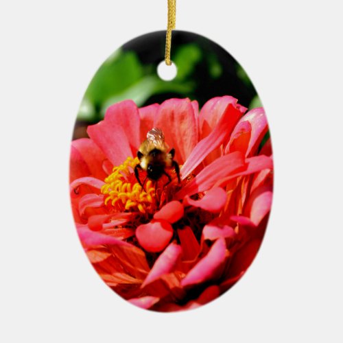 Bee and coral zinnia ceramic ornament