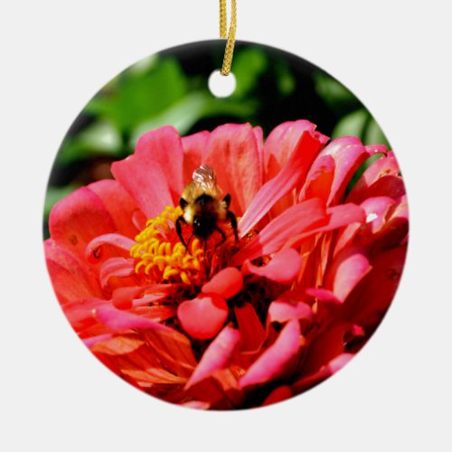 Bee and coral zinnia ceramic ornament