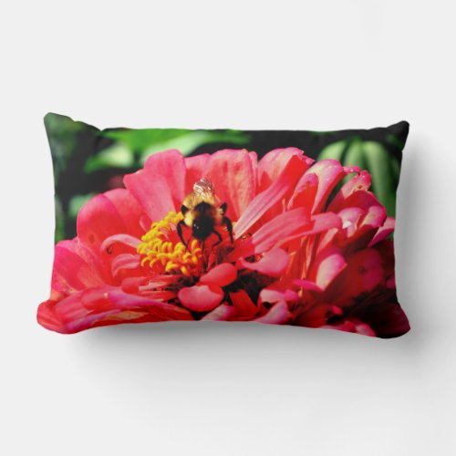 Bee and Coral Zinnia Lumbar Pillow