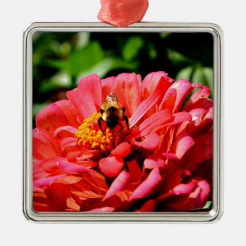 Bee and coral zinnia metal ornament