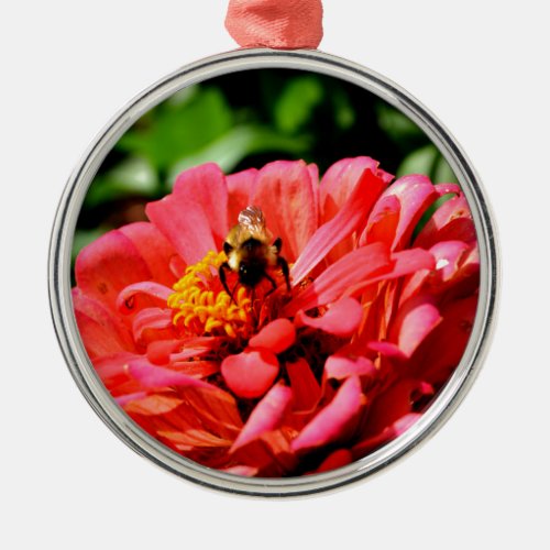 Bee and coral zinnia metal ornament