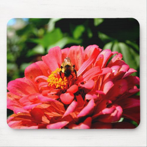 Bee and coral zinnia mouse pad