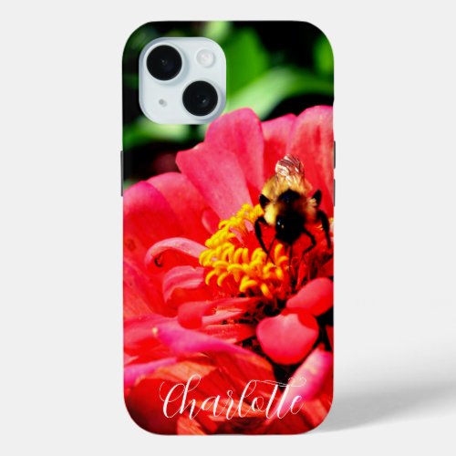 Bee and Coral Zinnia red flower orange floral  iPhone 15 Case