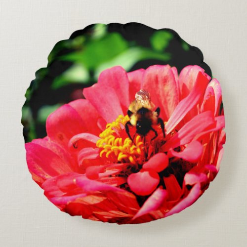 Bee and Coral  Zinnia Round Pillow