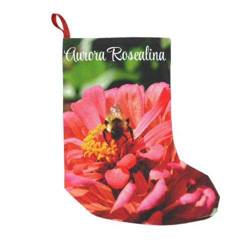 Bee and coral zinnia small christmas stocking