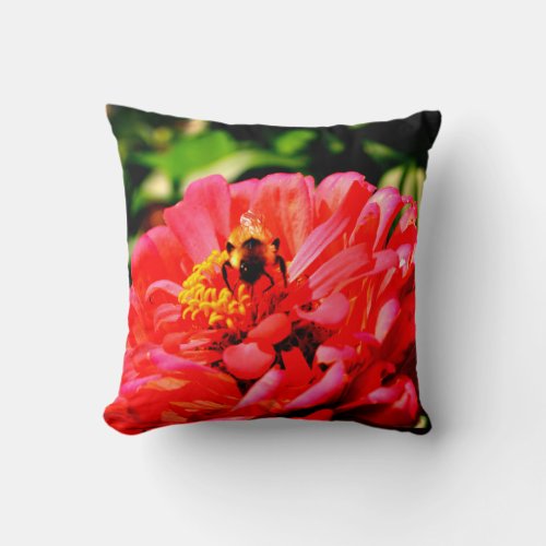 Bee and Coral Zinnia Throw Pillow