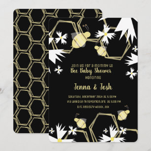 Bee and Daisy Floral Black Yellow Baby Shower Invitation
