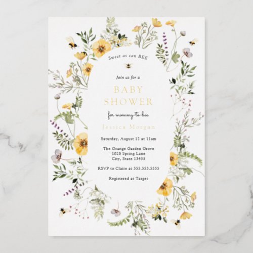 Bee and Delicate Wildflower Baby Shower Invitation Foil Invitation