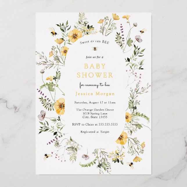 Bee and Delicate Wildflower Baby Shower Invitation Foil Invitation (Front)