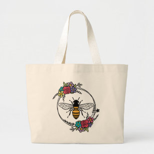 Bee and Floral Circle Frame on Tote Bag