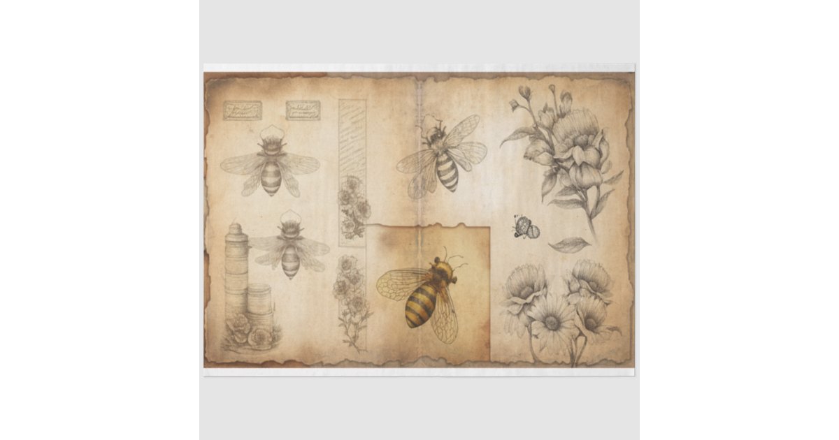 Bee and Floral Sketches Ephemera Tissue Paper | Zazzle
