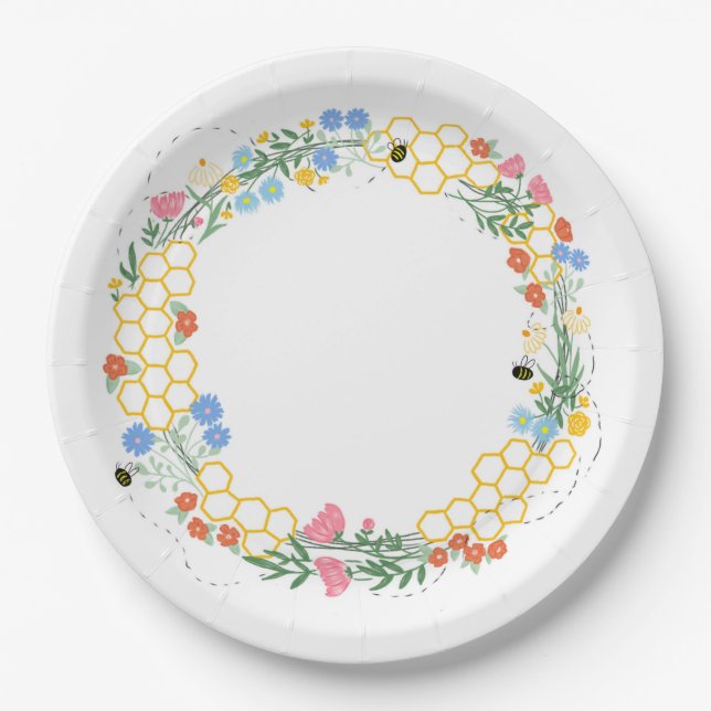 Bee and floral themed party paper plates (Front)