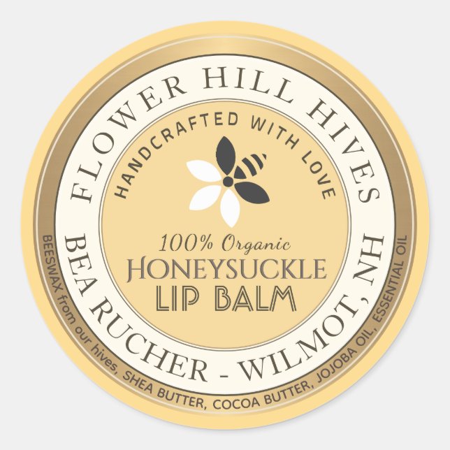 Bee and Flower Logo Beeswax Lip Balm Label  (Front)