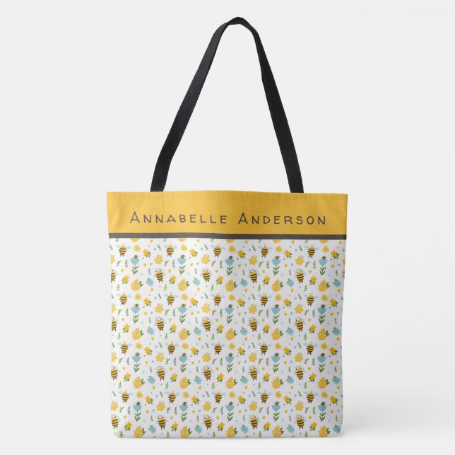 Bee and Flower Pattern Personalize Tote Bag (Front)