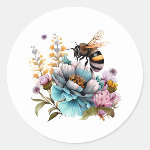 Bee and Flowers Classic Round Sticker