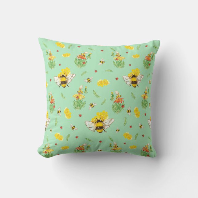 Bee and flowers throw pillow (Front)
