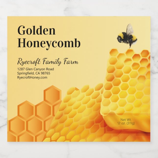 Bee and Golden Cut Comb Honey Box Label (Single Label)