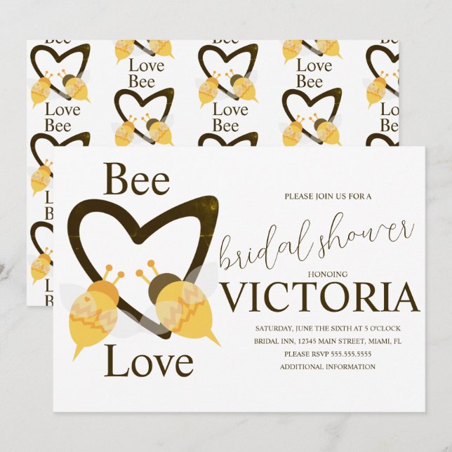 Bee and Heart Yellow Brown Bridal Shower  Invitation (Front/Back)