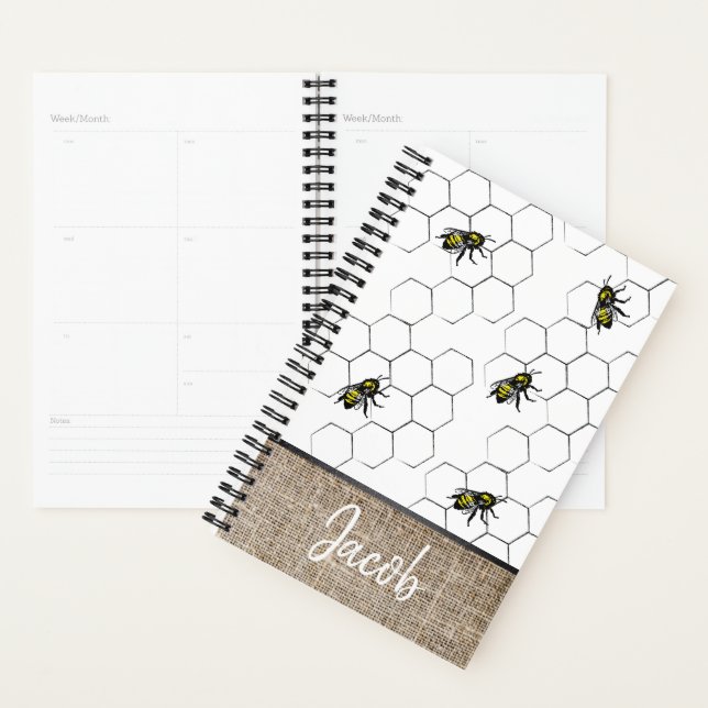 Bee and Honeycomb Faux Burlap | Monogram Planner (Display)