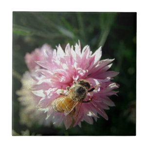 Bee and Pink Flower Ceramic Tile