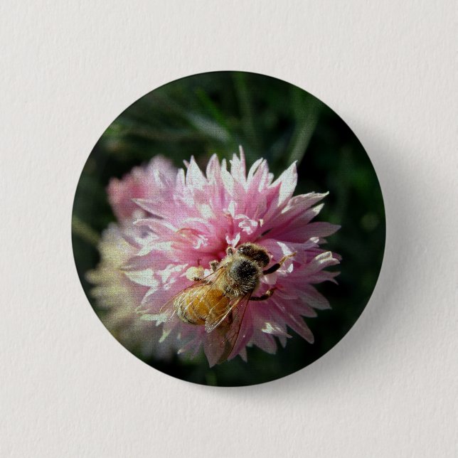 Bee and Pink Flower Pinback Button (Front)