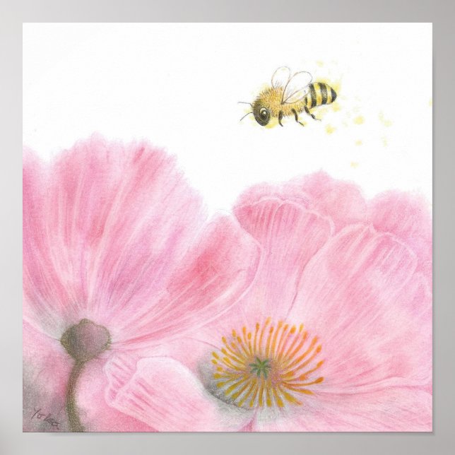 Bee and Pink Flowers Colored Pencil Nursery Art  Poster (Front)
