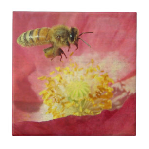 Bee and Poppy Flower Ceramic Tile