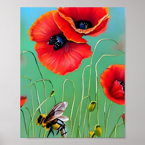 Bee and Red Poppies  Poster