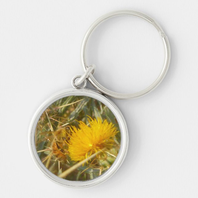 Bee and Star Thistle (Centaurea solstitialis) Keychain (Front)