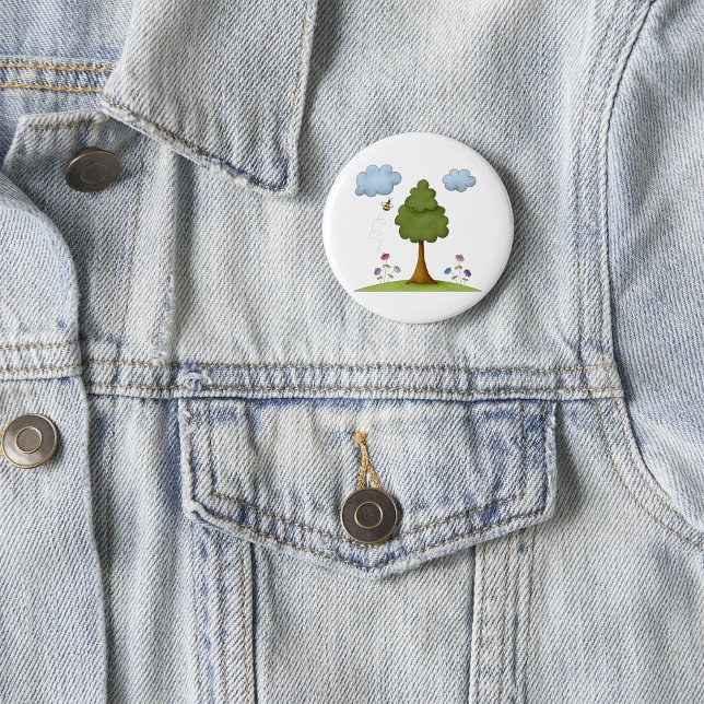 Bee and Tree Nature Scene with Flowers and Clouds Button (Creator Uploaded)