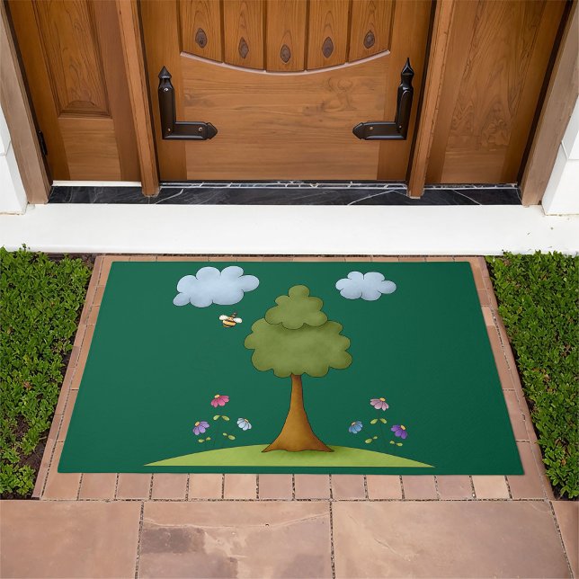 Bee and Tree Nature Scene with Flowers and Clouds Doormat (Creator Uploaded)