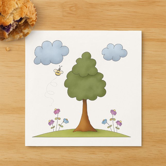 Bee and Tree Nature Scene with Flowers and Clouds Napkins (Creator Uploaded)