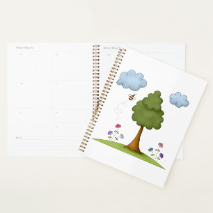 Bee and Tree Nature Scene with Flowers and Clouds Planner