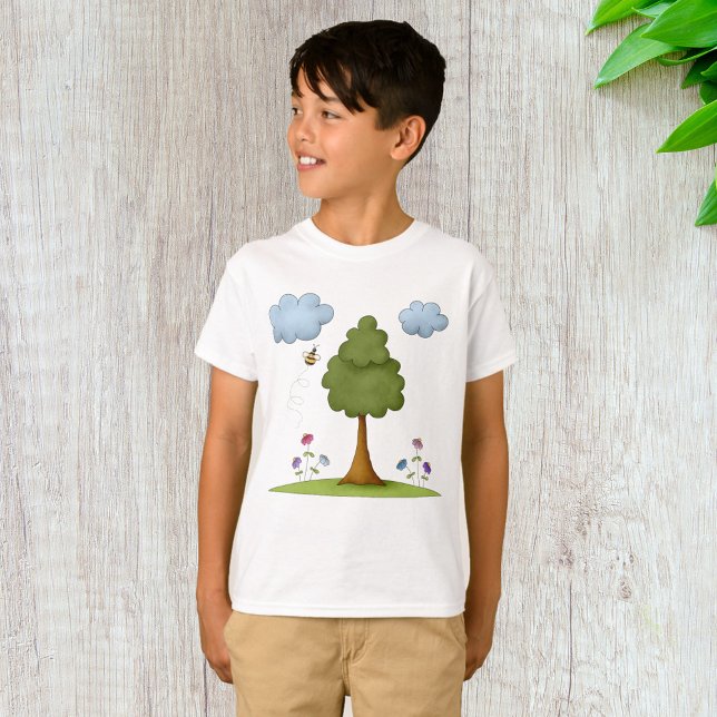 Bee and Tree Nature Scene with Flowers and Clouds T-Shirt (Creator Uploaded)