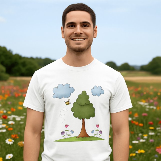 Bee and Tree Nature Scene with Flowers and Clouds T-Shirt (Creator Uploaded)