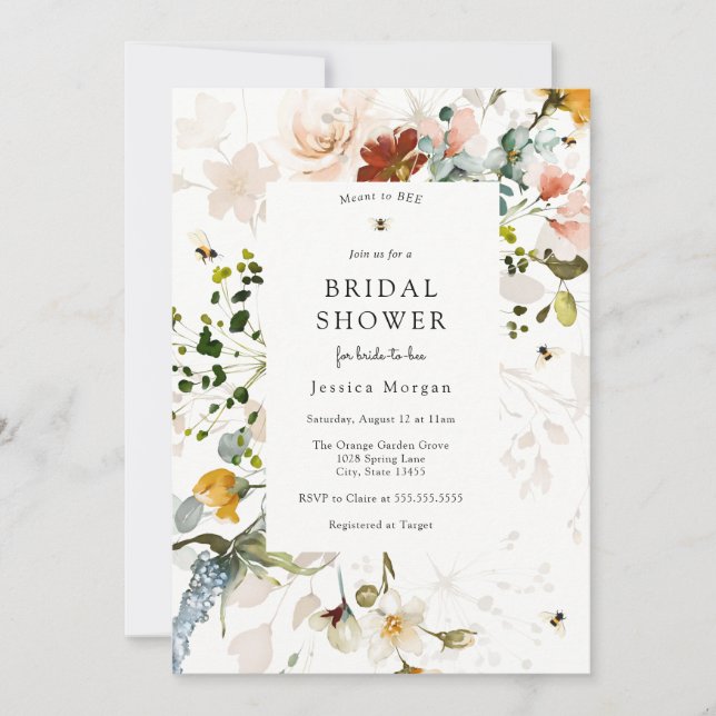 Bee and  Vintage Floral Bridal Shower Invitation (Front)
