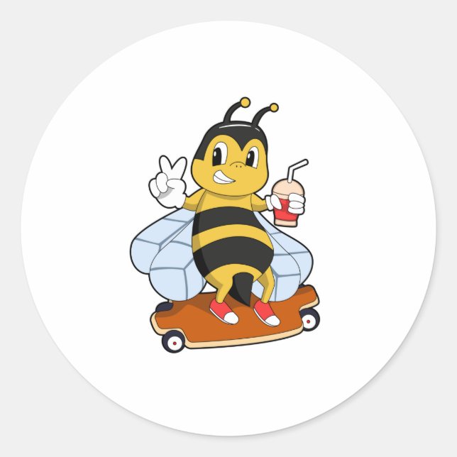 Bee as Skater with Skateboard Classic Round Sticker (Front)