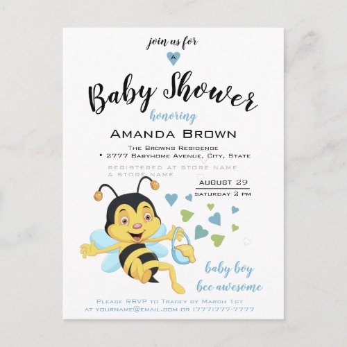 Bee Awesome Baby Boy  Shower Invitation Postcard